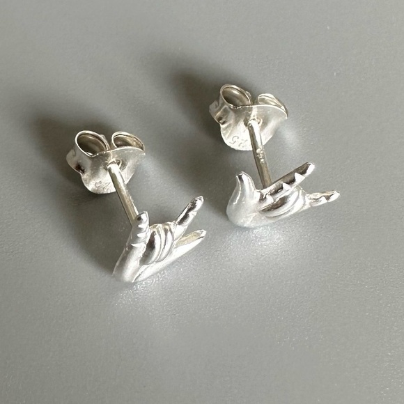 Sterling Silver I Love You ASL Sign Simple Stud Earrings - Picture 9 of 14